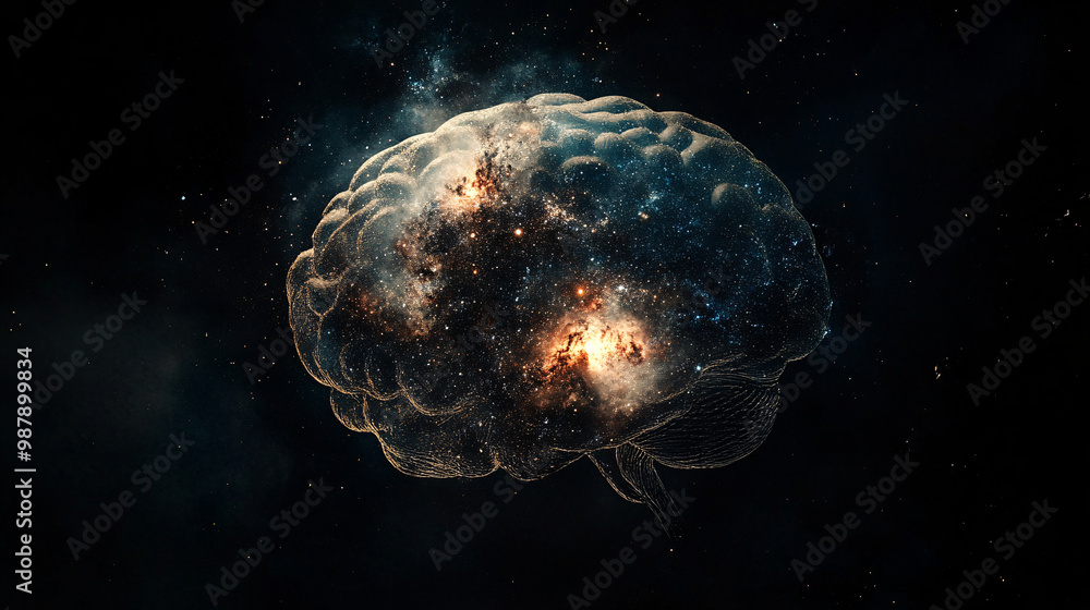 Poster brain. human brain merged with a galaxy. dark backdrop. universe within. ethical implications of cos