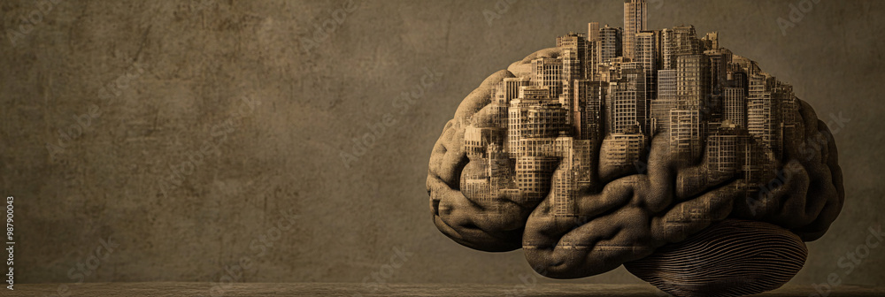 Poster brain. human brain transformed into a cityscape. isolated dark setting. urbanization and human thoug