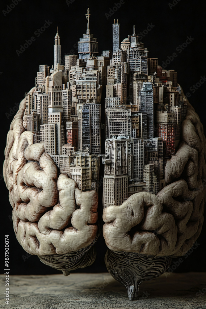 Poster brain. human brain transformed into a cityscape. isolated dark setting. urbanization and human thoug