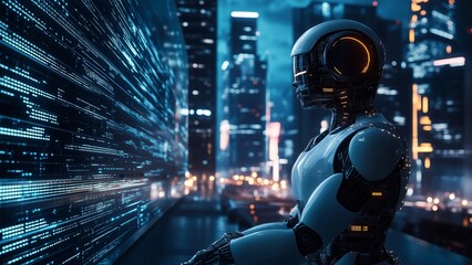 Futuristic AI Robot in Cyberpunk Cityscape with Advanced Autonomous Technology and Glowing Data Streams - Generative AI