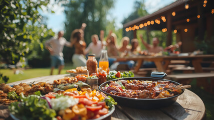 Backyard Dinner Table with Tasty Grilled Barbecue Meat, Fresh Vegetables and Salads. Happy Joyful People Dancing to Music, Celebrating and Having Fun in the Background on House Porch