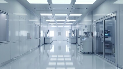 Bright and Sterile Hospital Corridor with Advanced Medical Equipment