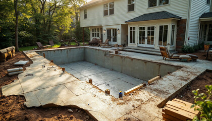 Backyard construction scene of a luxurious swimming pool in a suburban home, showcasing transformation.






