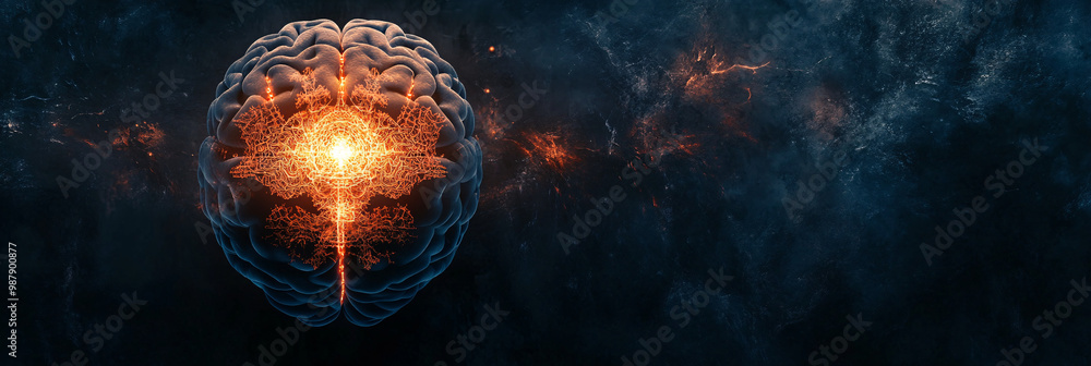 Poster brain. human brain with fractal patterns glowing. dark backdrop. complexity and order. ethical impli