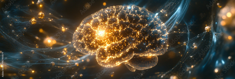 Poster brain. human brain with fractal patterns glowing. dark backdrop. complexity and order. ethical impli