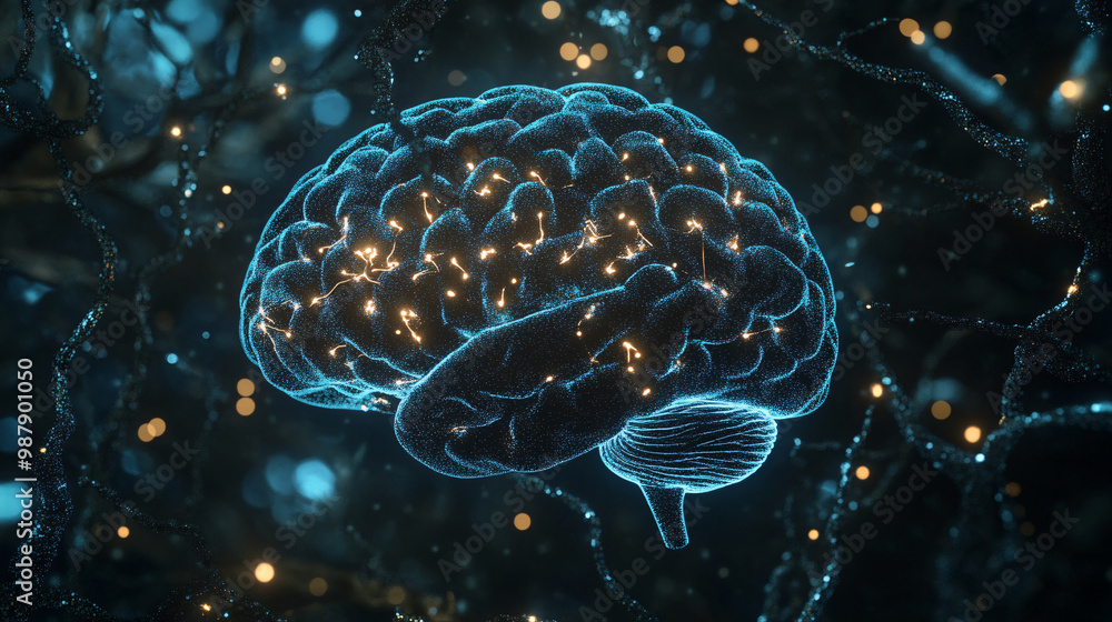 Poster brain. human brain with glowing neuron trees. dark backdrop. thought and nature. ethical considerati