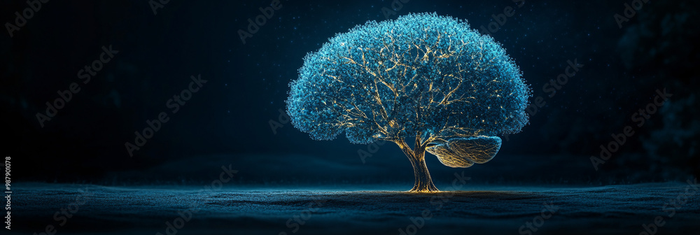 Aufkleber brain. human brain with glowing neuron trees. dark backdrop. thought and nature. ethical considerati