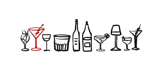 Isolated vector set of wine and alcoholic beverage glasses and tumblers. Hand drawn sketch.Red and black drawing on white background.Cocktails, martini, whiskey, cognac, vodka, gin tonic, beer, brandy
