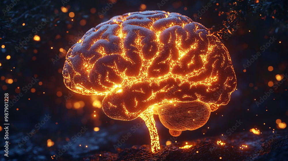 Aufkleber brain. human brain with glowing neuron trees. dark backdrop. thought and nature. ethical considerati