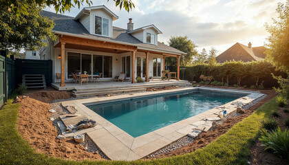 Fototapeta premium Backyard construction scene of a luxurious swimming pool in a suburban home, showcasing transformation.