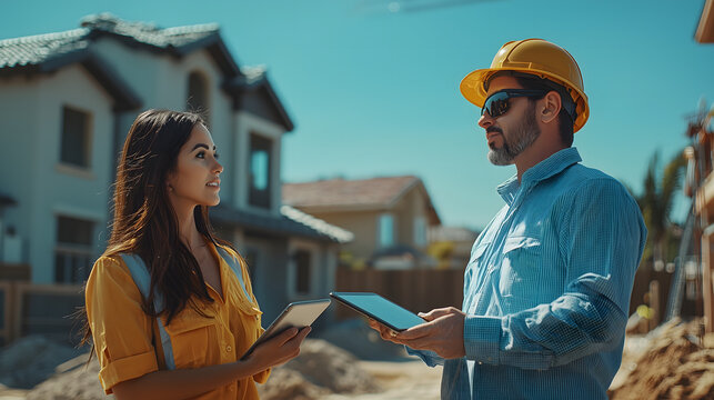 Hispanic Female Inspector Talking to Caucasian Male Land Development Manager With Tablet On Construction Site Of Real Estate Project. Excavators Preparing For Laying Foundation. Hot Sunny Day