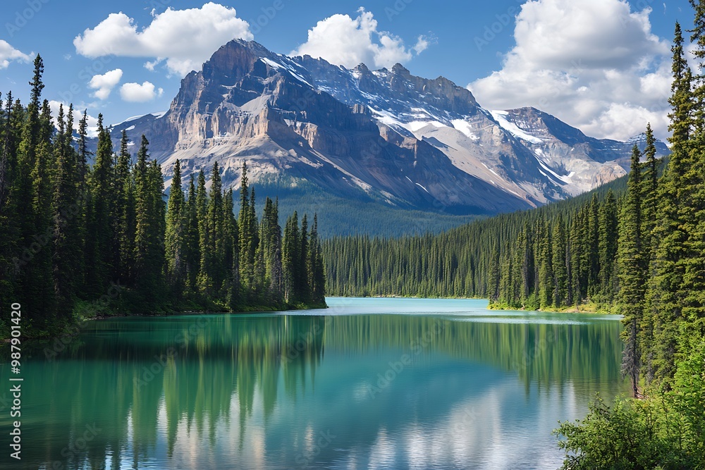 Canvas Prints Majestic Mountain Peak Reflecting in Calm Turquoise Lake with Lush Forest in Foreground