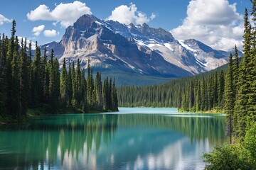 Majestic Mountain Peak Reflecting in Calm Turquoise Lake with Lush Forest in Foreground