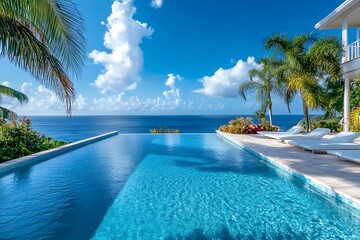Infinity pool overlooking the ocean with blue sky and white clouds. Luxury resort vacation background