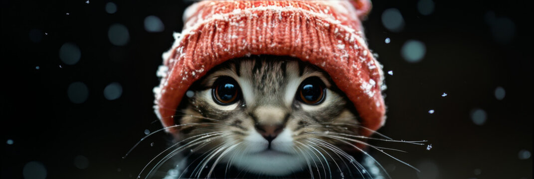 Tabby cat wearing a red knit hat in the snow.