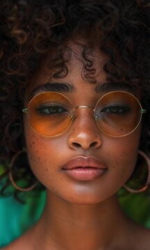 A woman with a dark complexion and a pair of yellow sunglasses. She has a nice smile and her eyes are closed