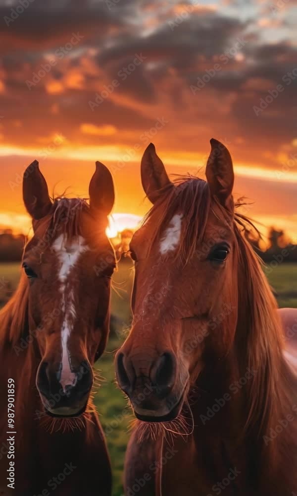 Poster two horses are standing next to each other in a field, with the sun setting in the background