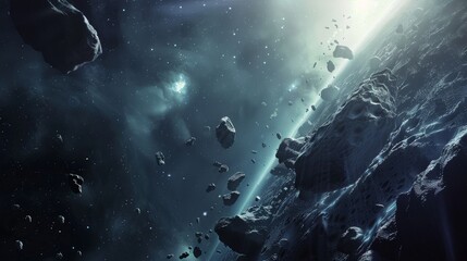 Fototapeta premium Captivating Cosmic Chaos Drifting Asteroids and Glowing Galaxies in the Vast Expanse of Space