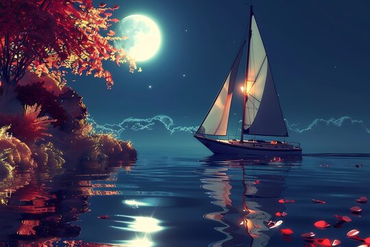 A tranquil night scene of a sailing boat gliding on moonlit waters, with bright reflections forming an abstract, romantic setting