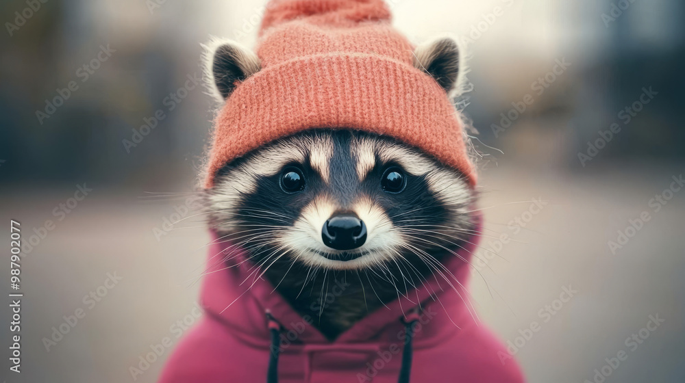 Canvas Prints Raccoon in a red beanie and hoodie.