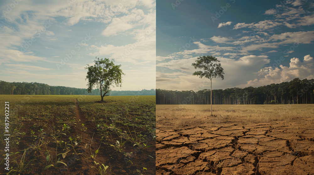 Poster calm field with dense vegetation on the left and barren earth on the right and with a lone sapling i