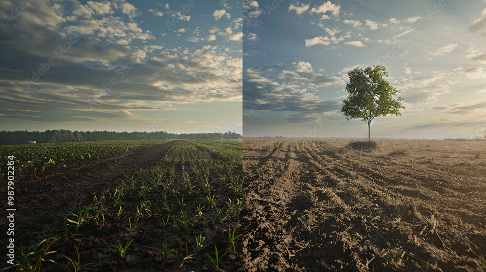 Poster calm field with dense vegetation on the left and barren earth on the right and with a lone sapling i