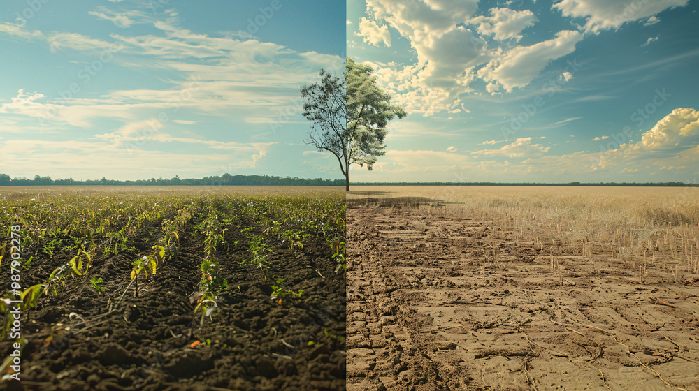 Poster calm field with dense vegetation on the left and barren earth on the right and with a lone sapling i