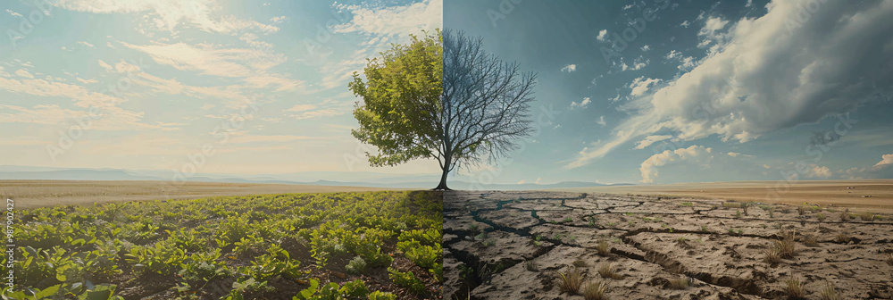Poster calm field with dense vegetation on the left and barren earth on the right and with a lone sapling i