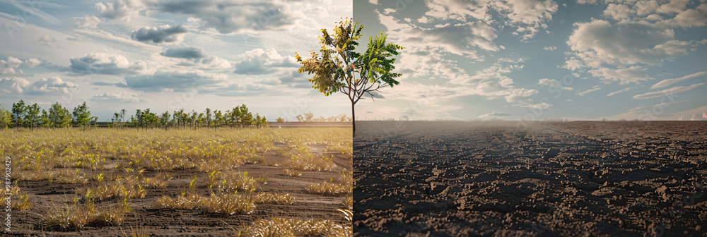 Poster calm field with dense vegetation on the left and barren earth on the right and with a lone sapling i