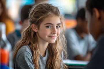 Obraz premium Smiling girl in classroom with classmates, engaged in school learning