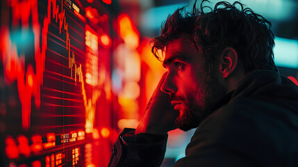 Stressed Stock Exchange Trader Can't Apprehend a Sudden Stock Market Collapse. Financial Crisis Concept with Stock Broker Saddened by Negative Ticker Information, Red Graphs and Real-Time Data