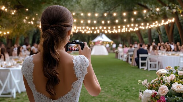 With long brown hair cascading down her back, a woman in a white dress takes photos of her outdoor wedding reception while guests enjoy the lively atmosphere in the background