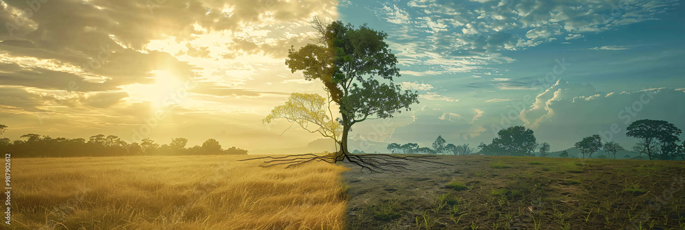 Poster calm field with dense vegetation on the left and barren earth on the right and with a lone sapling i