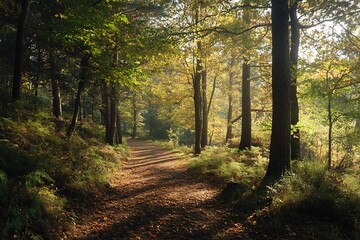 Obraz premium Sunlight filtering through trees on a woodland path.