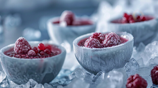 Carved ice bowls containing chilled Nordic berry soup. Ice hotel dining room scene. with space for text 