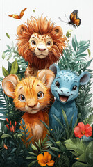 Fototapeta premium Three cute cartoon animals, a lion cub, a cheetah cub, and a blue creature, are peeking from behind lush green foliage with flowers.