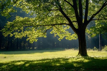 Fototapeta premium Single Tree in a Meadow with Sunlight Filtering Through Branches