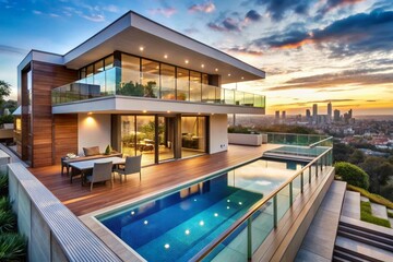 Fototapeta premium Luxurious Modern House Exterior with Minimalist Design and Large Outdoor Entertainment Area