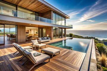 Fototapeta premium Luxurious Modern House Exterior with Minimalist Design and Large Outdoor Entertainment Area
