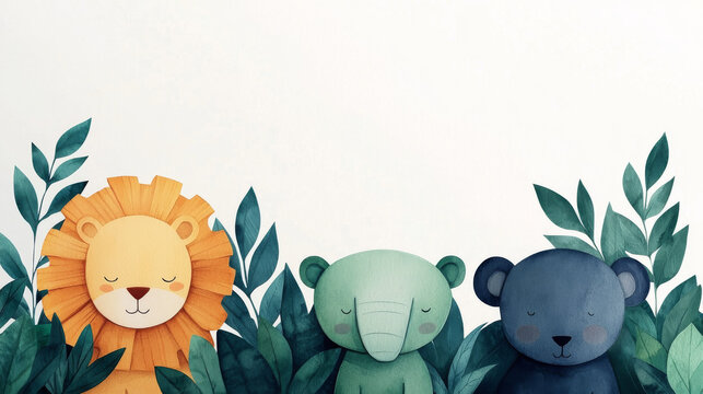 Cute lion, elephant, and bear with leafy border.