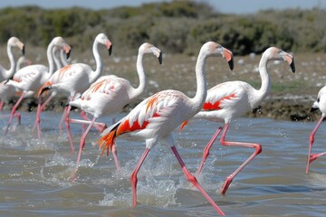 Obraz premium Pink flamingos wade through shallow waters in a serene wetland by day