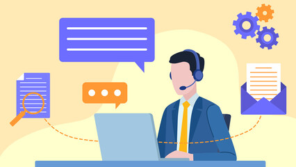 flat design illustration. Man sitting in front of desk with headset and talking with client. Businessman working on laptop. Speaking bubble, laptop, email, document, cogs. 