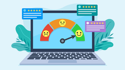 Flat design illustration. On the laptop screen, there is a customer satisfaction meter with a pointer and sad, neutral and smiling emojis. Next to it are comments from customers with five stars. 