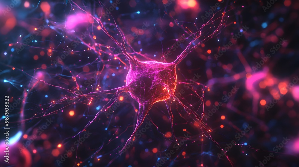 Poster a glowing neuron with intricate dendrites and axons