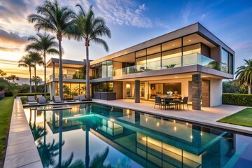 Fototapeta premium Luxurious Modern House Exterior with Minimalist Design and Large Outdoor Entertainment Area