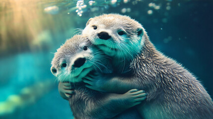 Adorable funny otter couple embracing underwater, their furry paws intertwined as they float happy in the river, showcasing the cute and playful nature of these aquatic mammals in the wild, love