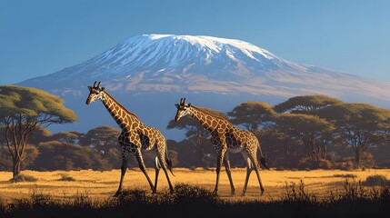 Naklejka premium Giraffes in front of Mount Kilimanjaro at Amboseli National Park, Mount Kilimanjaro with Masai giraffe in front