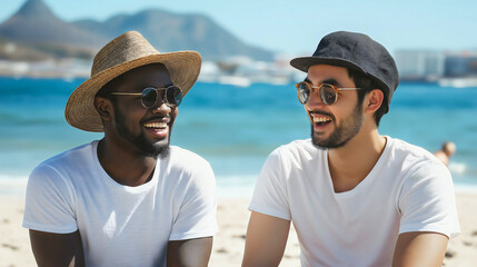 Fototapeta premium Two happy young men enjoying a summer vacation at the beach, laughing together talking and celebrating friendship by the sea, carefree outdoor fun happiness, joy of diverse companionship