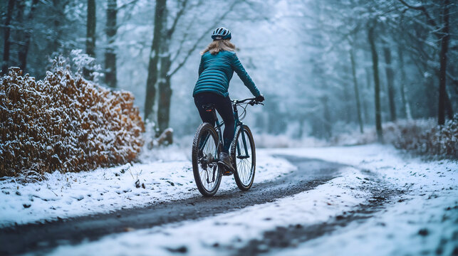 Rearview of a woman cycling through a snowy winter forest cold extreme sports adventure on her mountain bike enjoying an active lifestyle outdoor recreation, riding bicycle along icy trail with helmet - Powered by Adobe
