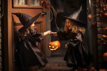 Fototapeta premium Children Trick-or-Treating on Halloween Night